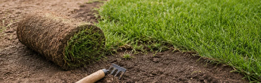 Rollo de tepe recién cortado junto a césped natural denso, listo para renovar una zona de jardín