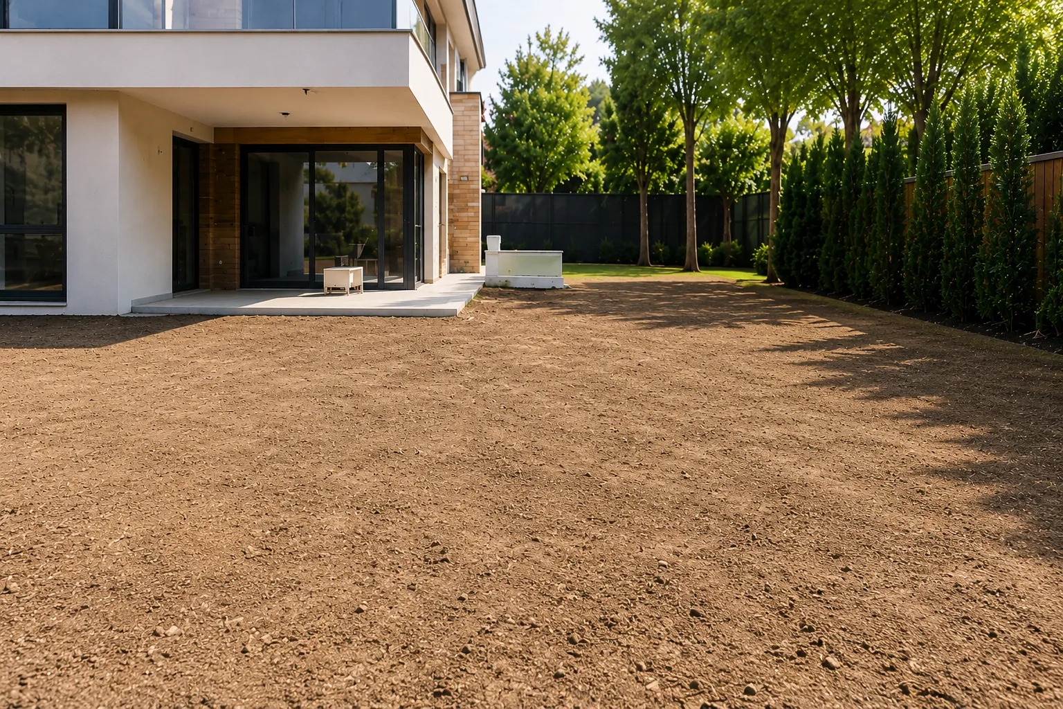 El mismo jardín con la tierra preparada, antes de instalar el tepe
