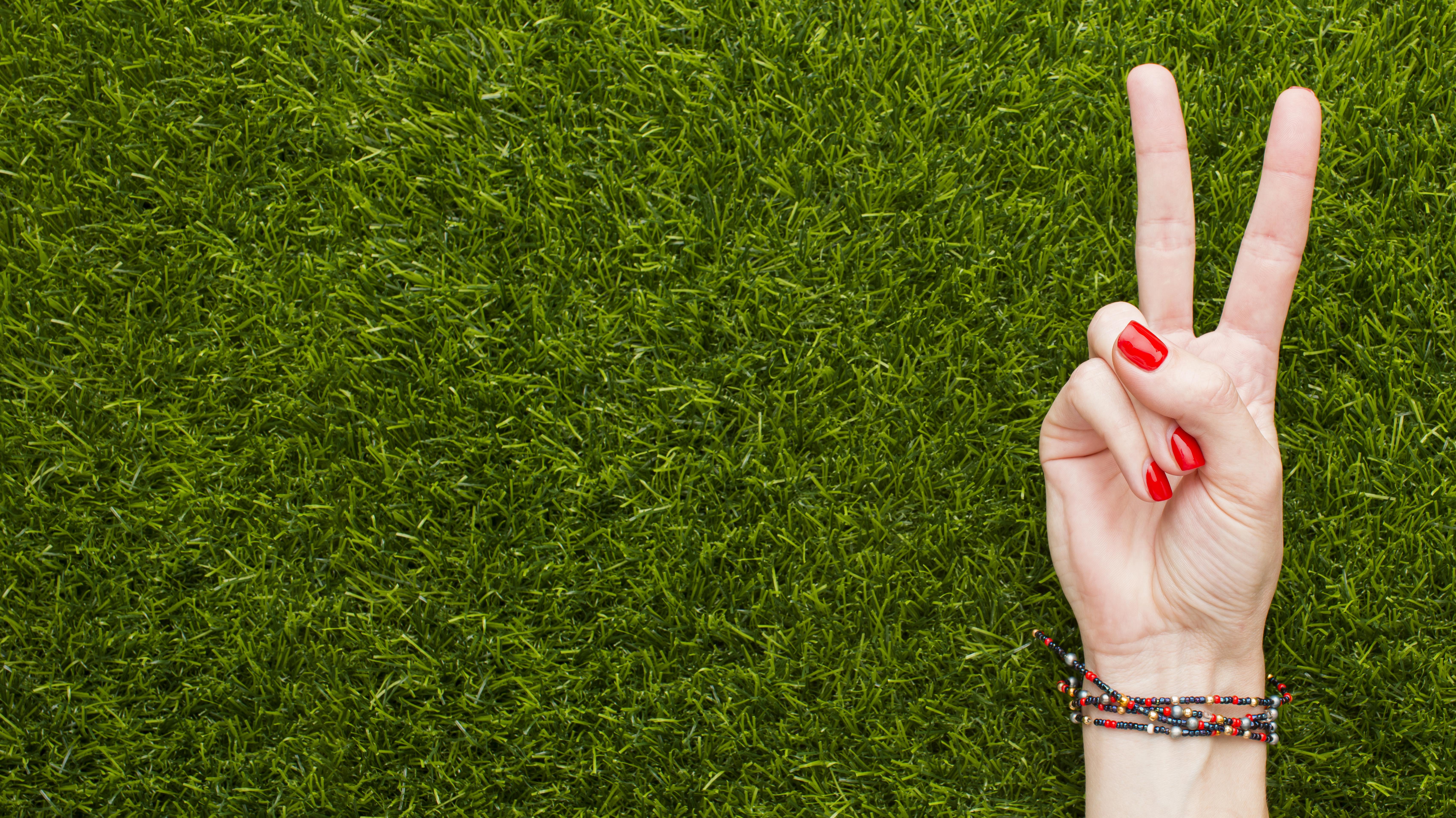 vista superior de la mano haciendo el signo de la paz en el cesped con espacio de copia